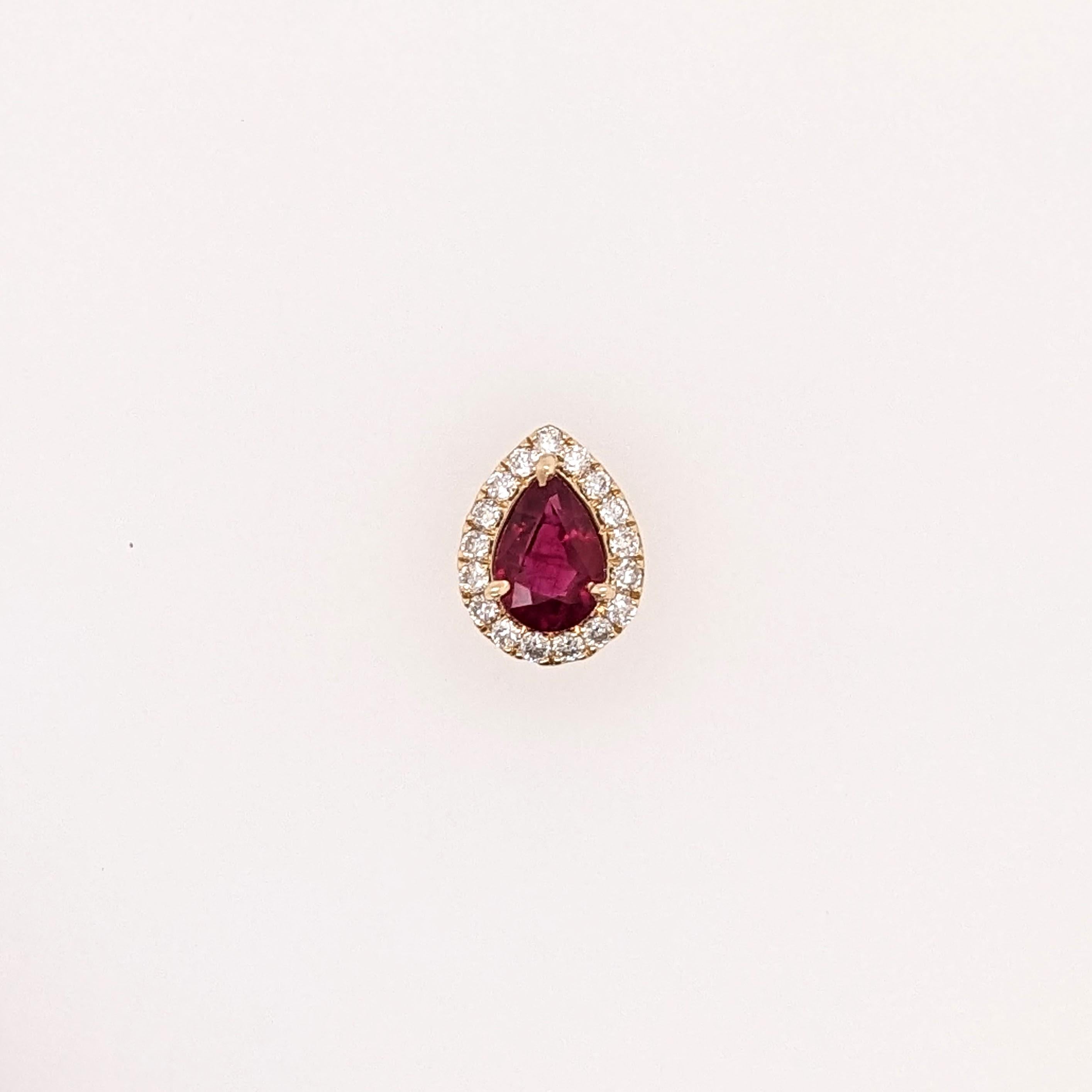Ruby Pendant w Earth Mined Diamonds in Solid 14K Yellow Gold Pear 7x5mm