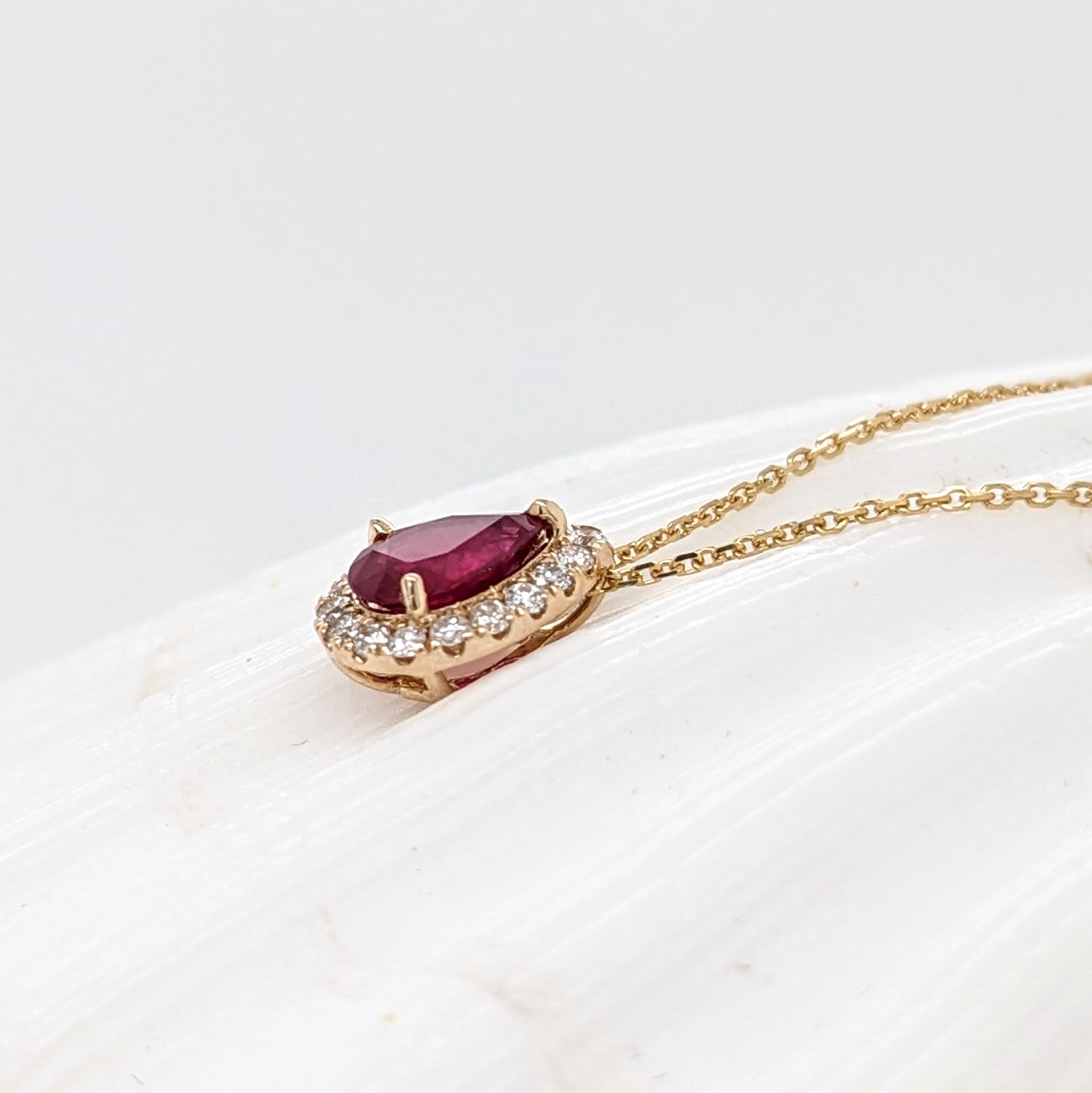 Ruby Pendant w Earth Mined Diamonds in Solid 14K Yellow Gold Pear 7x5mm