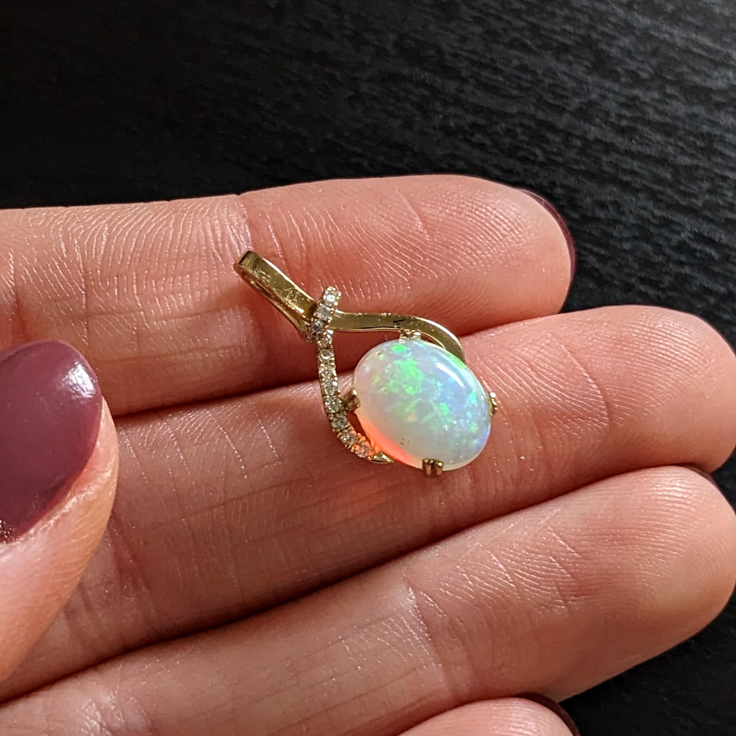 3.2ct Opal Infinity Pendant w Earth Mined Diamonds in Solid 14K Gold Oval 10x8mm