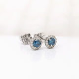 Angel Blue Diamond Stud Earrings w Natural Diamonds in Solid 14K White Gold | Round 3.5mm