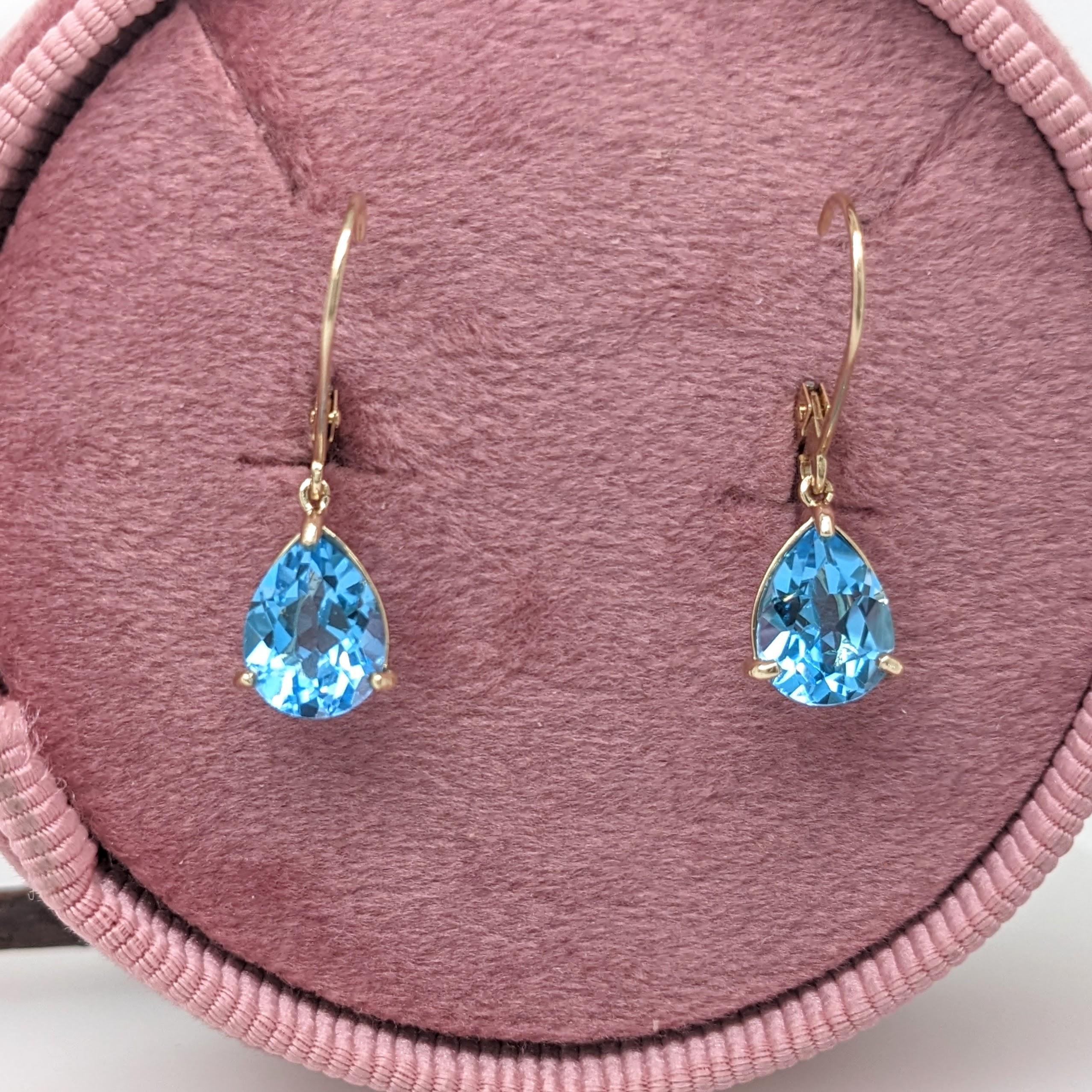 Swiss Topaz Dangle Earrings in Solid 14K Gold | Pear Shape 9x7mm