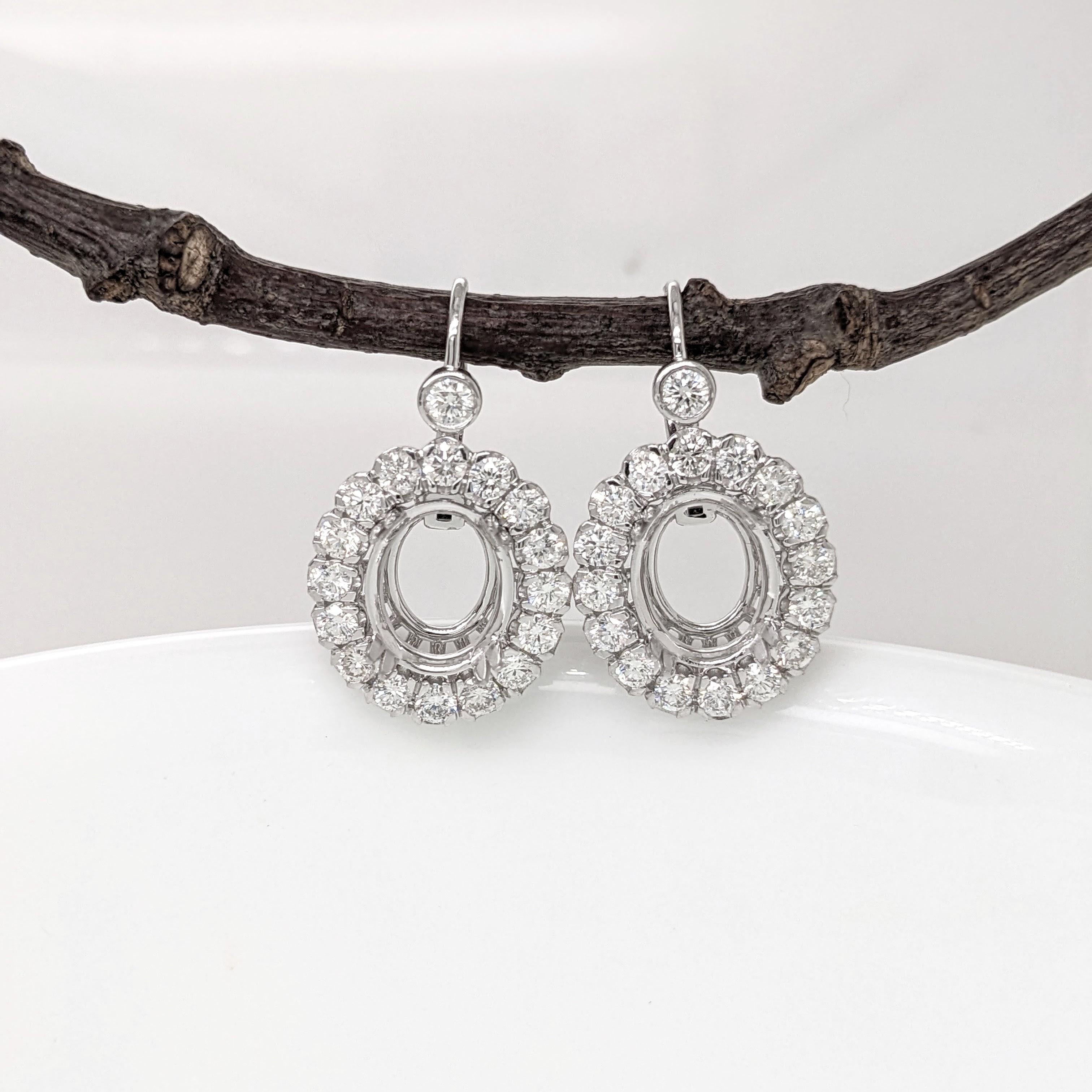 Earrings Dangle Semi Mount w Earth Mined Diamonds in Solid 14K Gold Oval 11x9mm