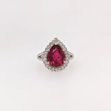 3.4ct Rubellite Tourmaline Ring w Earth Mined Diamonds in Solid 14K White Gold | Pear Shape 11x9mm | October Birthstone