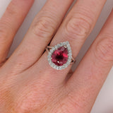 3.4ct Rubellite Tourmaline Ring w Earth Mined Diamonds in Solid 14K White Gold | Pear Shape 11x9mm | October Birthstone
