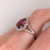 3.4ct Rubellite Tourmaline Ring w Earth Mined Diamonds in Solid 14K White Gold | Pear Shape 11x9mm | October Birthstone