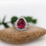 3.4ct Rubellite Tourmaline Ring w Earth Mined Diamonds in Solid 14K White Gold | Pear Shape 11x9mm | October Birthstone
