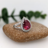 3.4ct Rubellite Tourmaline Ring w Earth Mined Diamonds in Solid 14K White Gold | Pear Shape 11x9mm | October Birthstone
