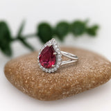3.4ct Rubellite Tourmaline Ring w Earth Mined Diamonds in Solid 14K White Gold | Pear Shape 11x9mm | October Birthstone
