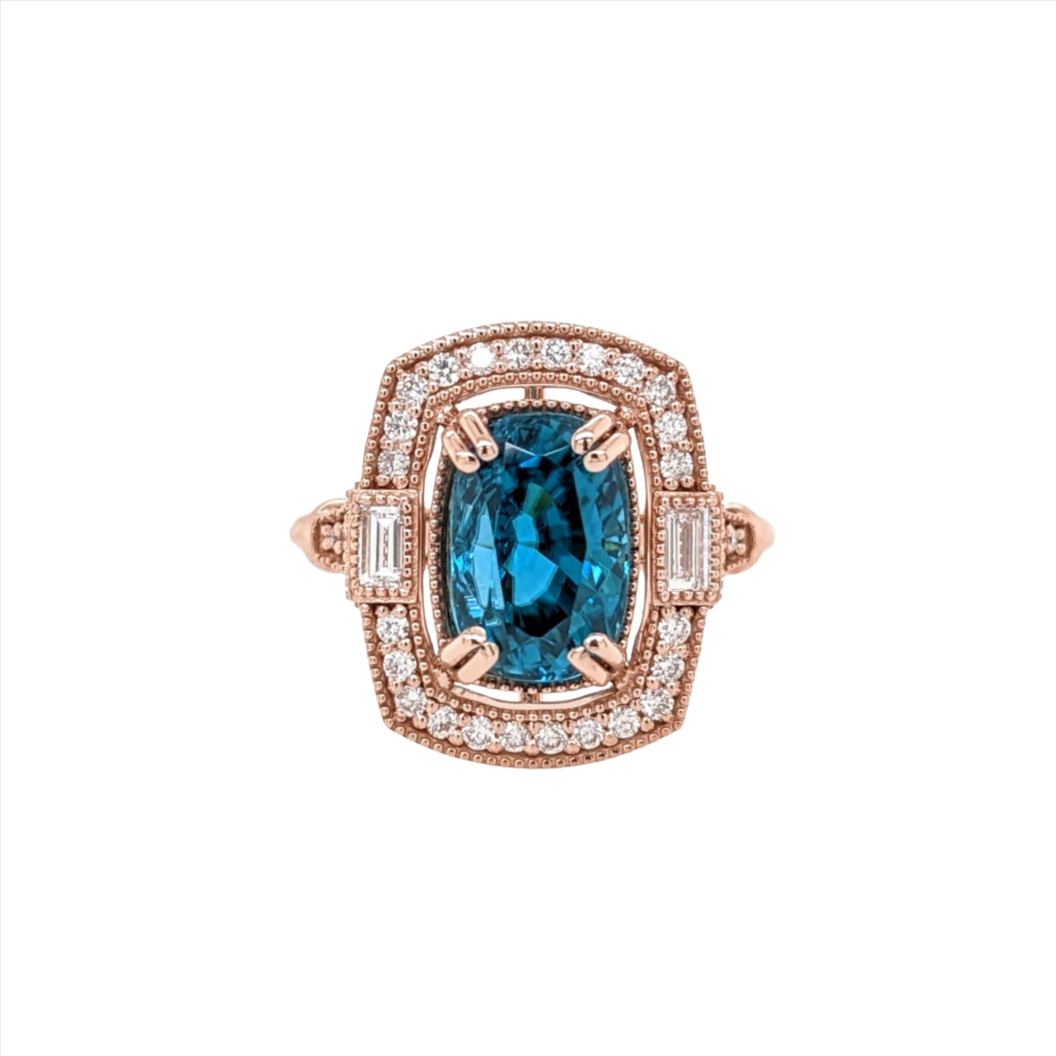 5.4ct Blue Zircon Ring w Earth Mined Diamonds in Solid 14K Rose Gold CU 10x7mm
