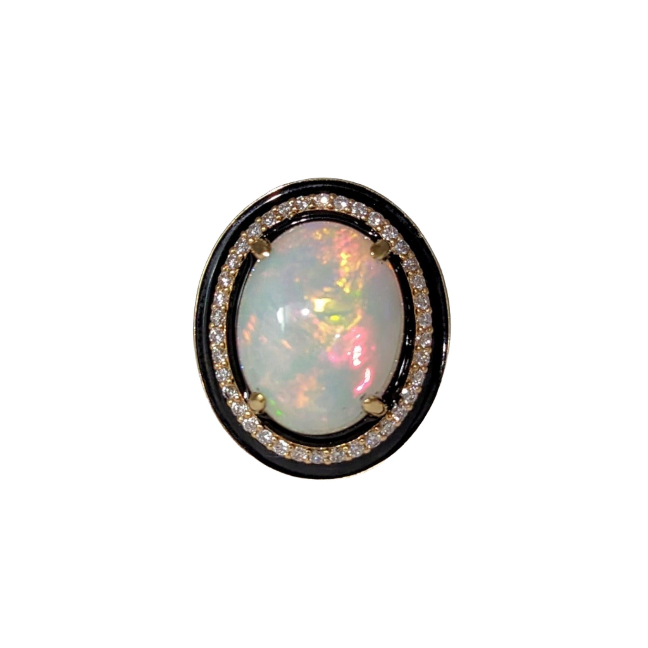 7.4ct Opal Ring w Earth Mined Diamonds & Black Enamel in Solid 14K Gold Oval