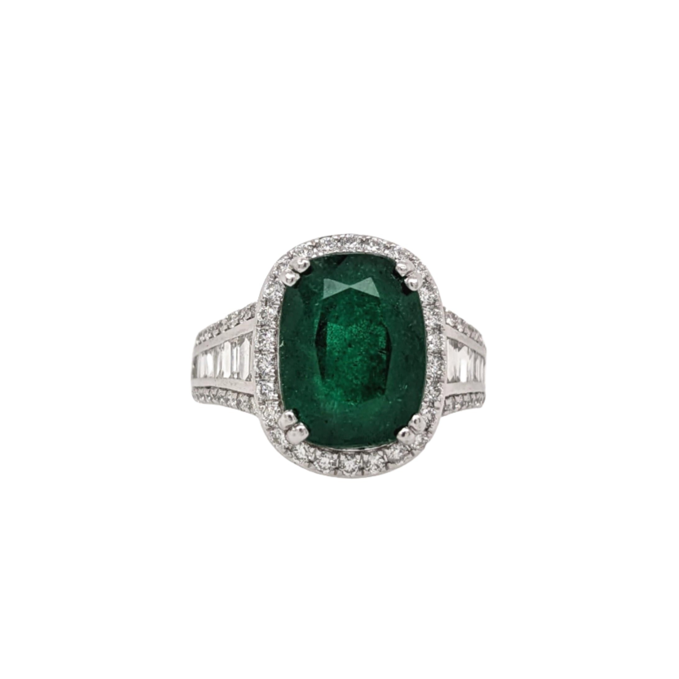 5.6ct Emerald Ring w Earth Mined Diamonds in Solid 14K White Gold Cushion 12x9mm
