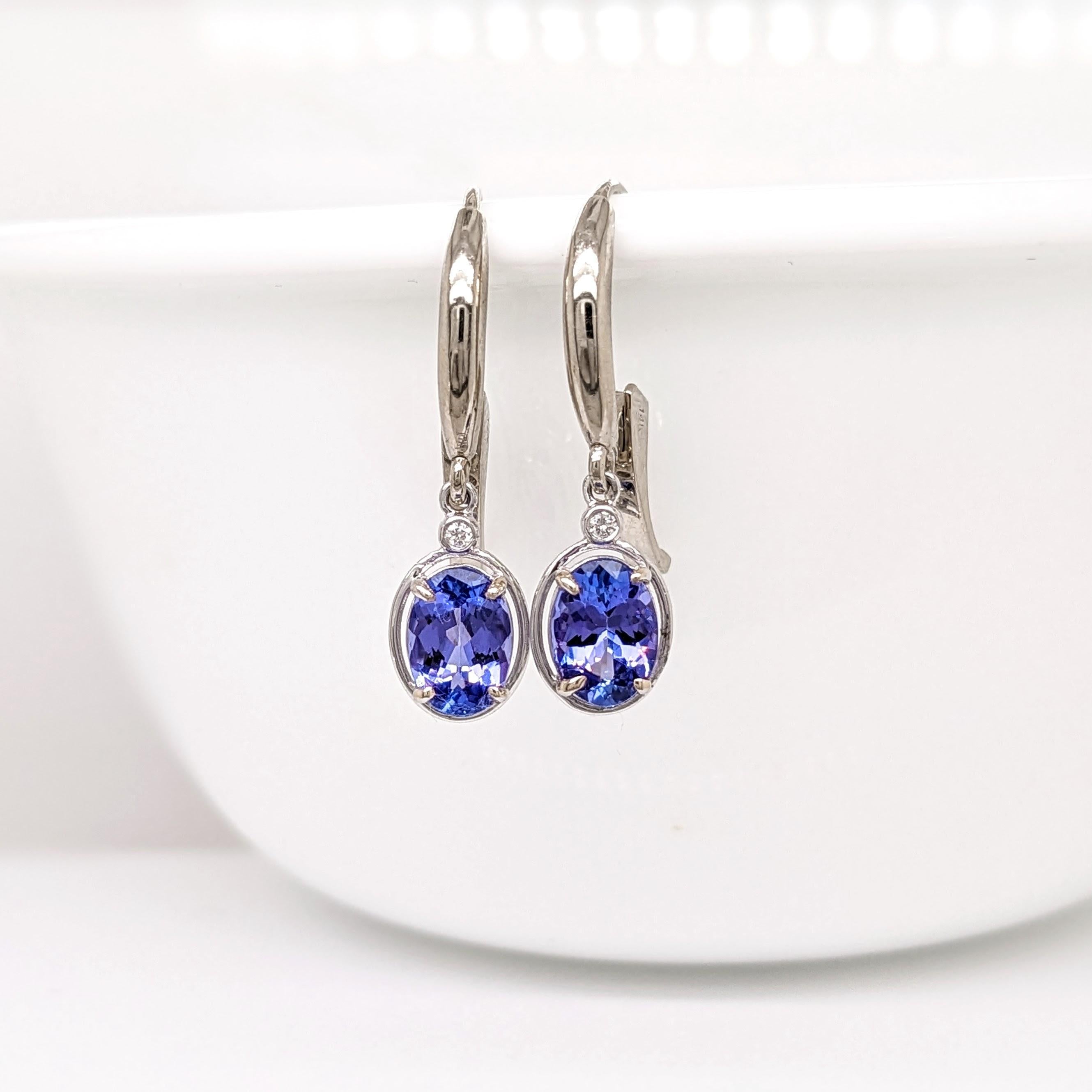 Tanzanite Lever Back Drop Earrings w Earth Mined Diamonds in Solid 14K Gold