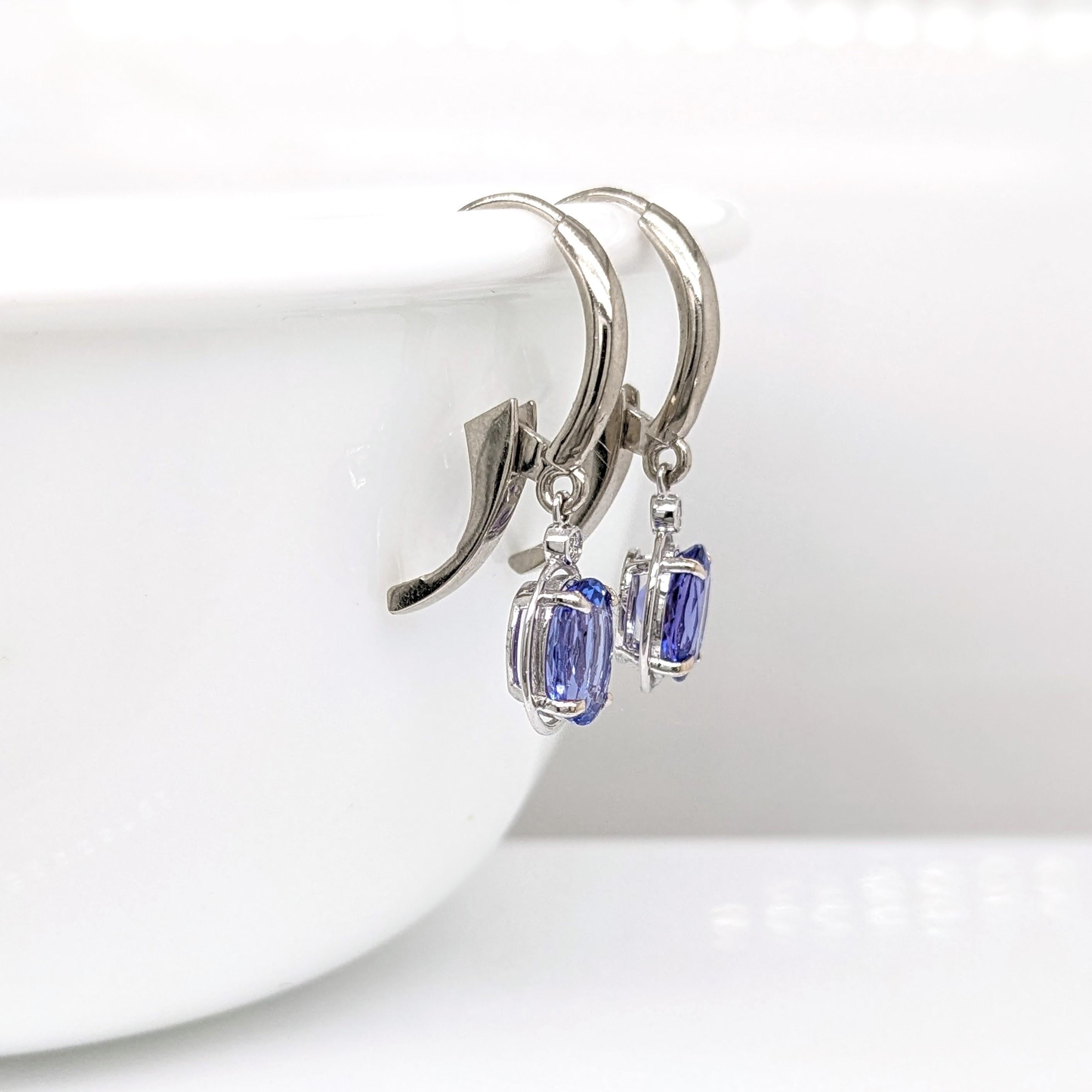 Tanzanite Lever Back Drop Earrings w Earth Mined Diamonds in Solid 14K Gold