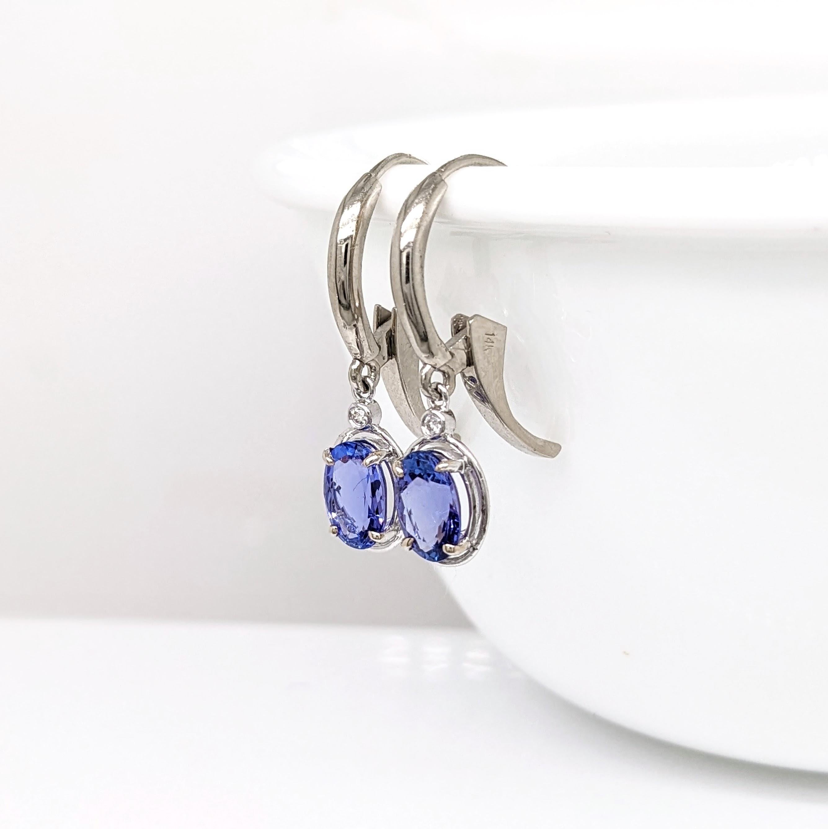 Tanzanite Lever Back Drop Earrings w Earth Mined Diamonds in Solid 14K Gold