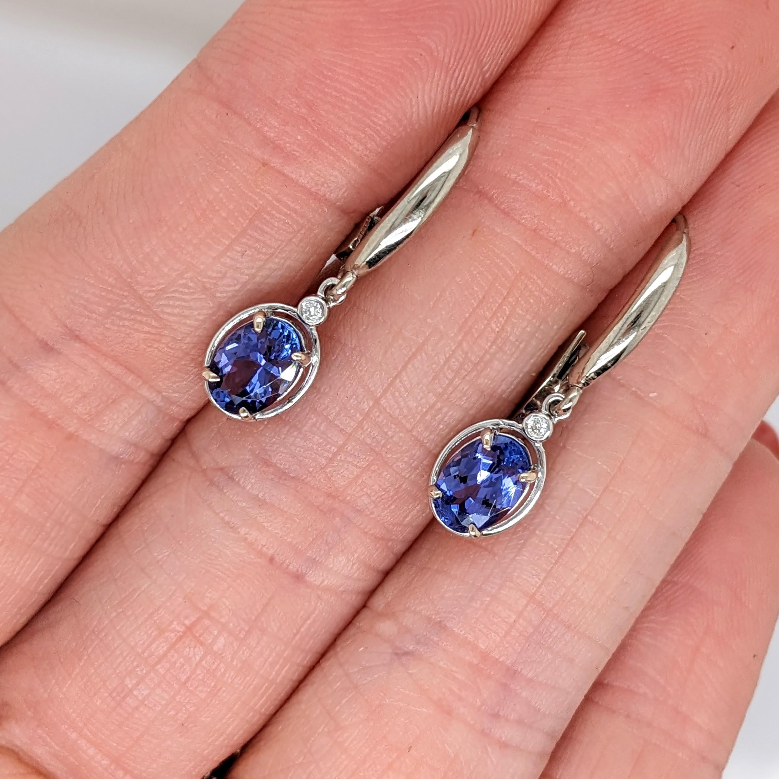 Tanzanite Lever Back Drop Earrings w Earth Mined Diamonds in Solid 14K Gold
