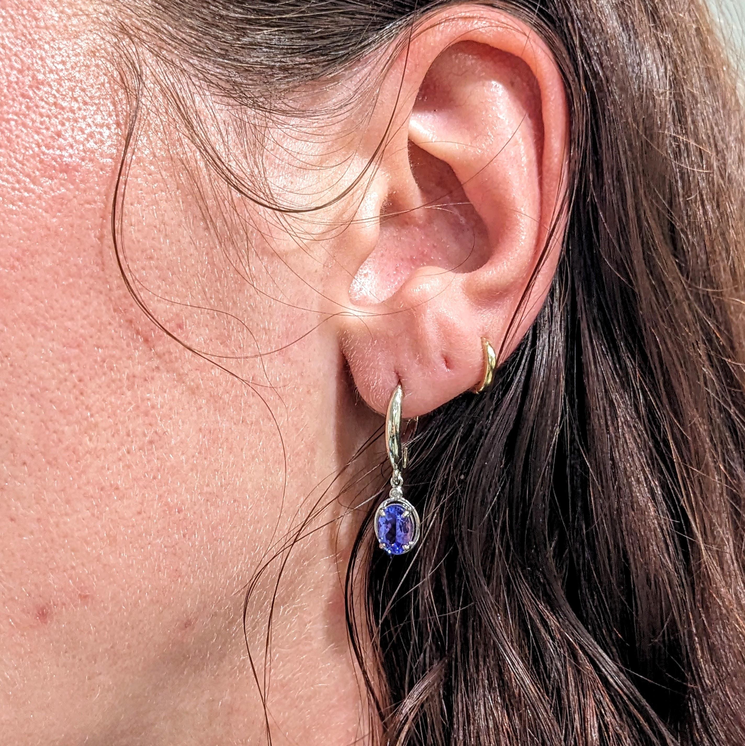 Tanzanite Lever Back Drop Earrings w Earth Mined Diamonds in Solid 14K Gold