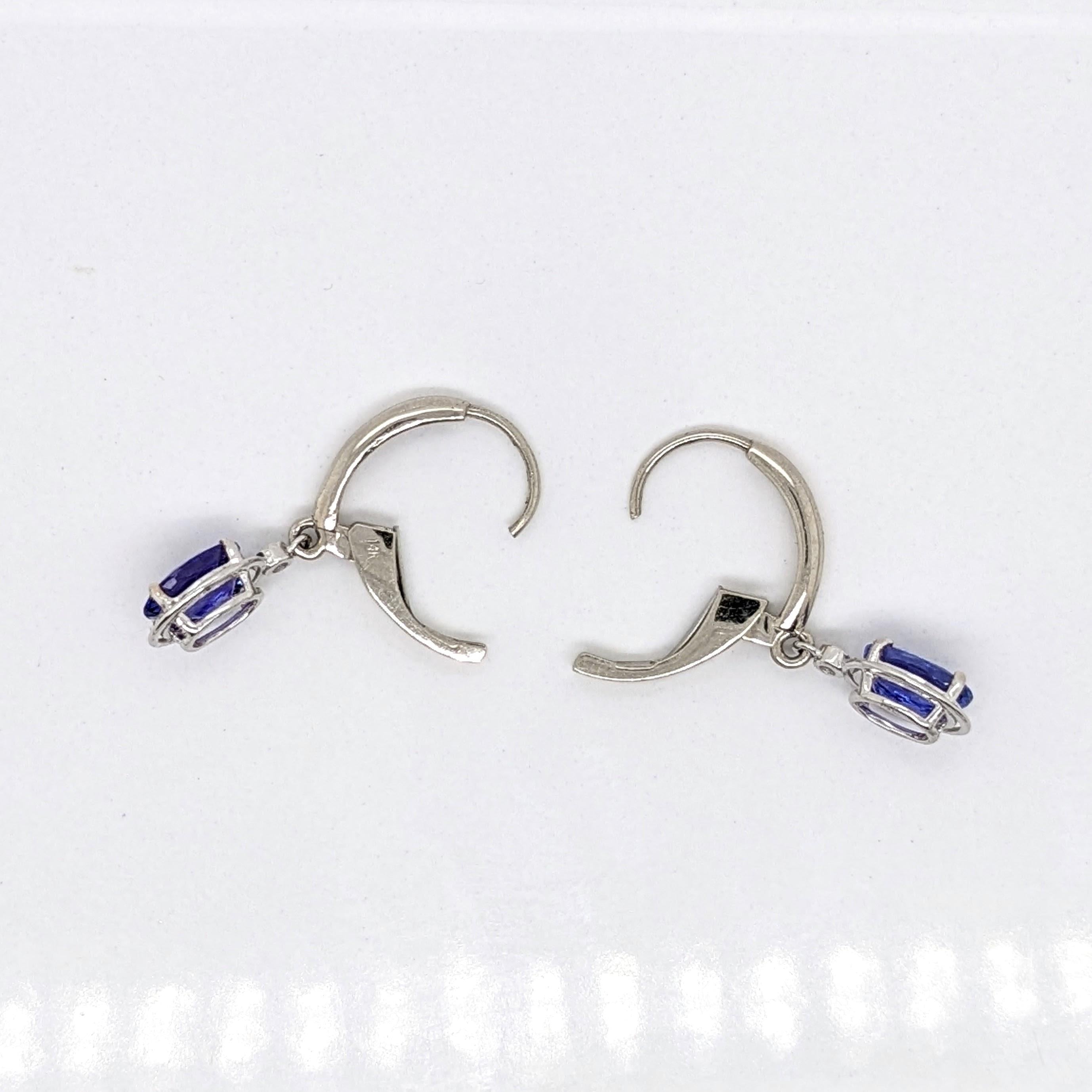 Tanzanite Lever Back Drop Earrings w Earth Mined Diamonds in Solid 14K Gold