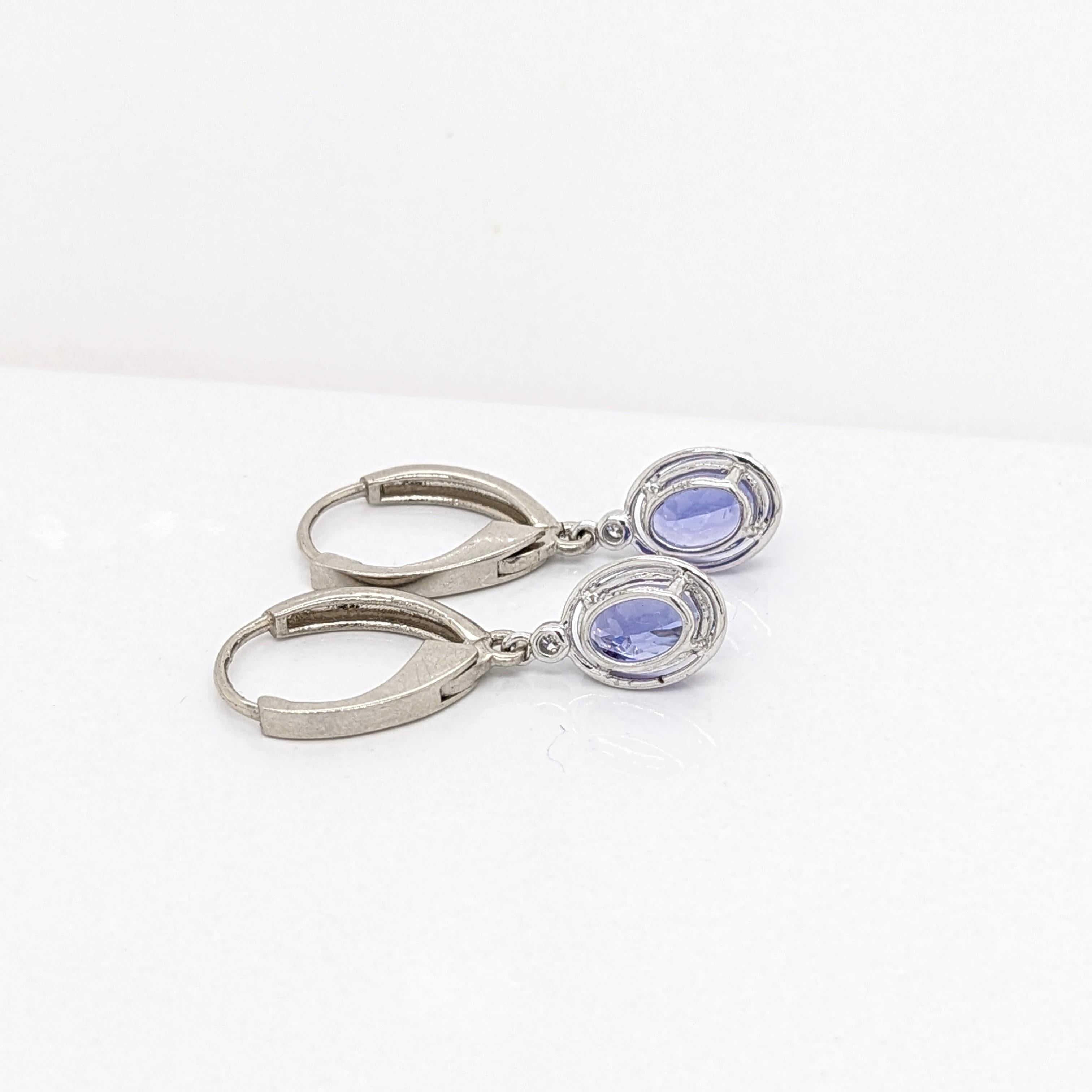 Tanzanite Lever Back Drop Earrings w Earth Mined Diamonds in Solid 14K Gold