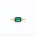 East West Emerald Ring w Earth Mined Diamonds in Solid 14K Gold | EM 7x5mm