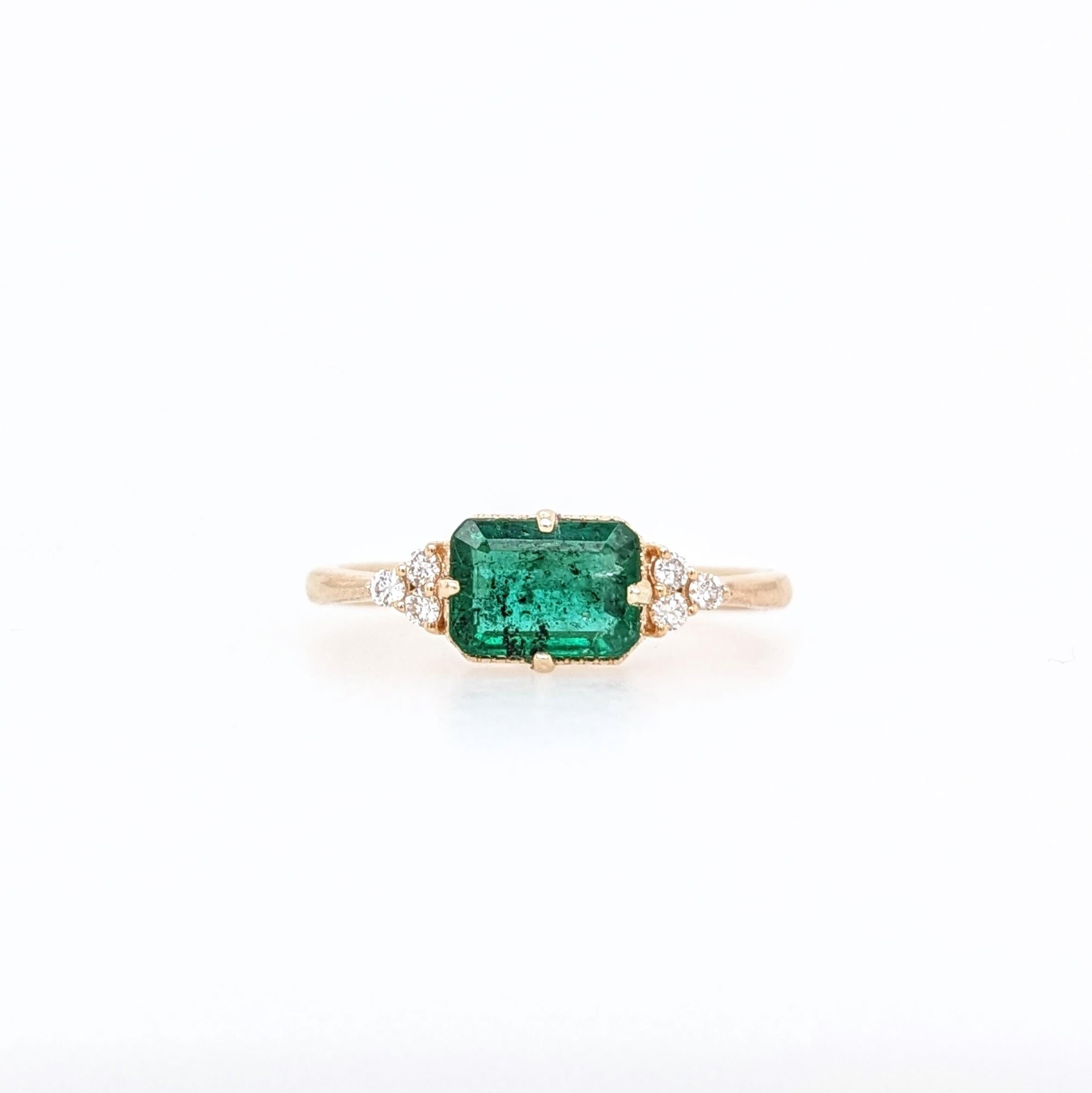 East West Emerald Ring w Earth Mined Diamonds in Solid 14K Gold | EM 7x5mm