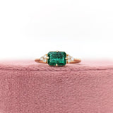 East West Emerald Ring w Earth Mined Diamonds in Solid 14K Gold | EM 7x5mm