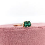 East West Emerald Ring w Earth Mined Diamonds in Solid 14K Gold | EM 7x5mm