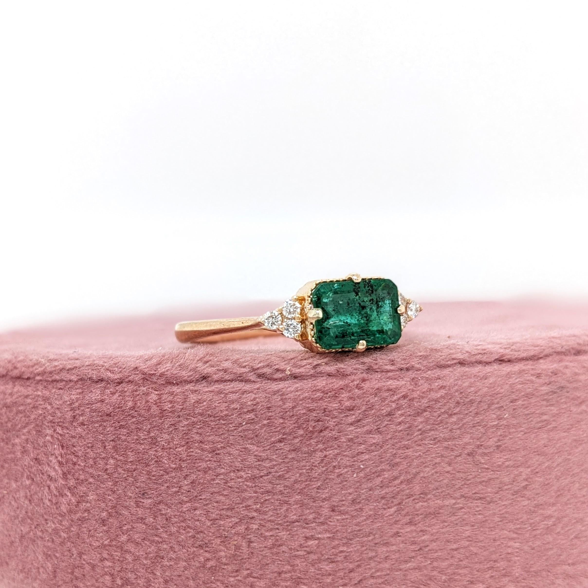 East West Emerald Ring w Earth Mined Diamonds in Solid 14K Gold | EM 7x5mm