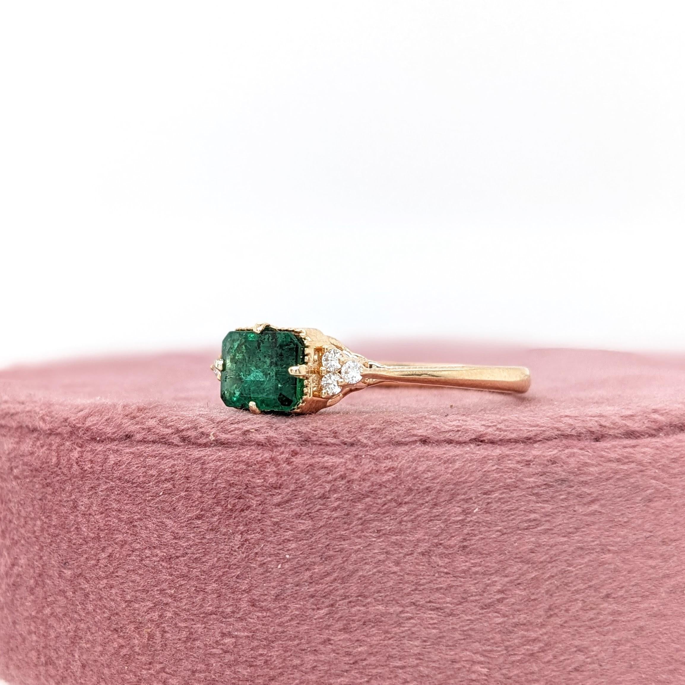 East West Emerald Ring w Earth Mined Diamonds in Solid 14K Gold | EM 7x5mm