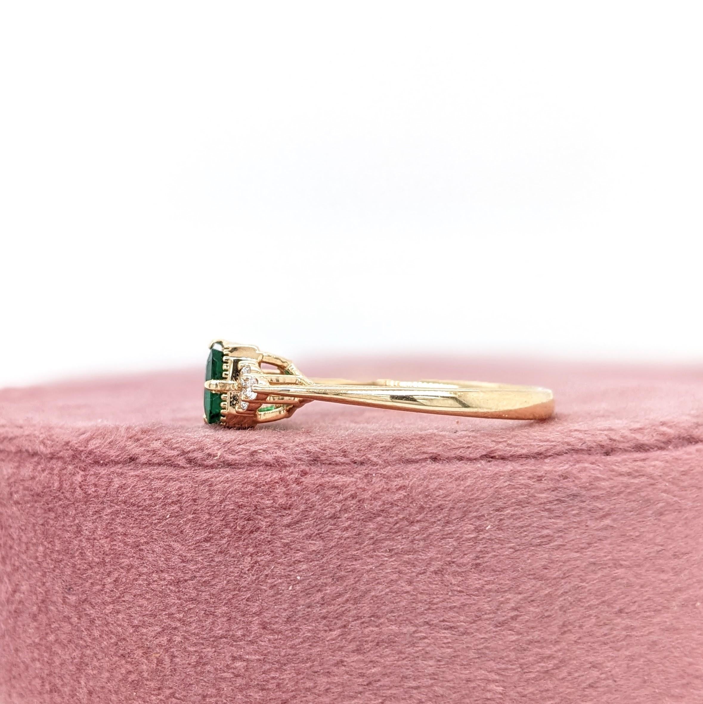 East West Emerald Ring w Earth Mined Diamonds in Solid 14K Gold | EM 7x5mm