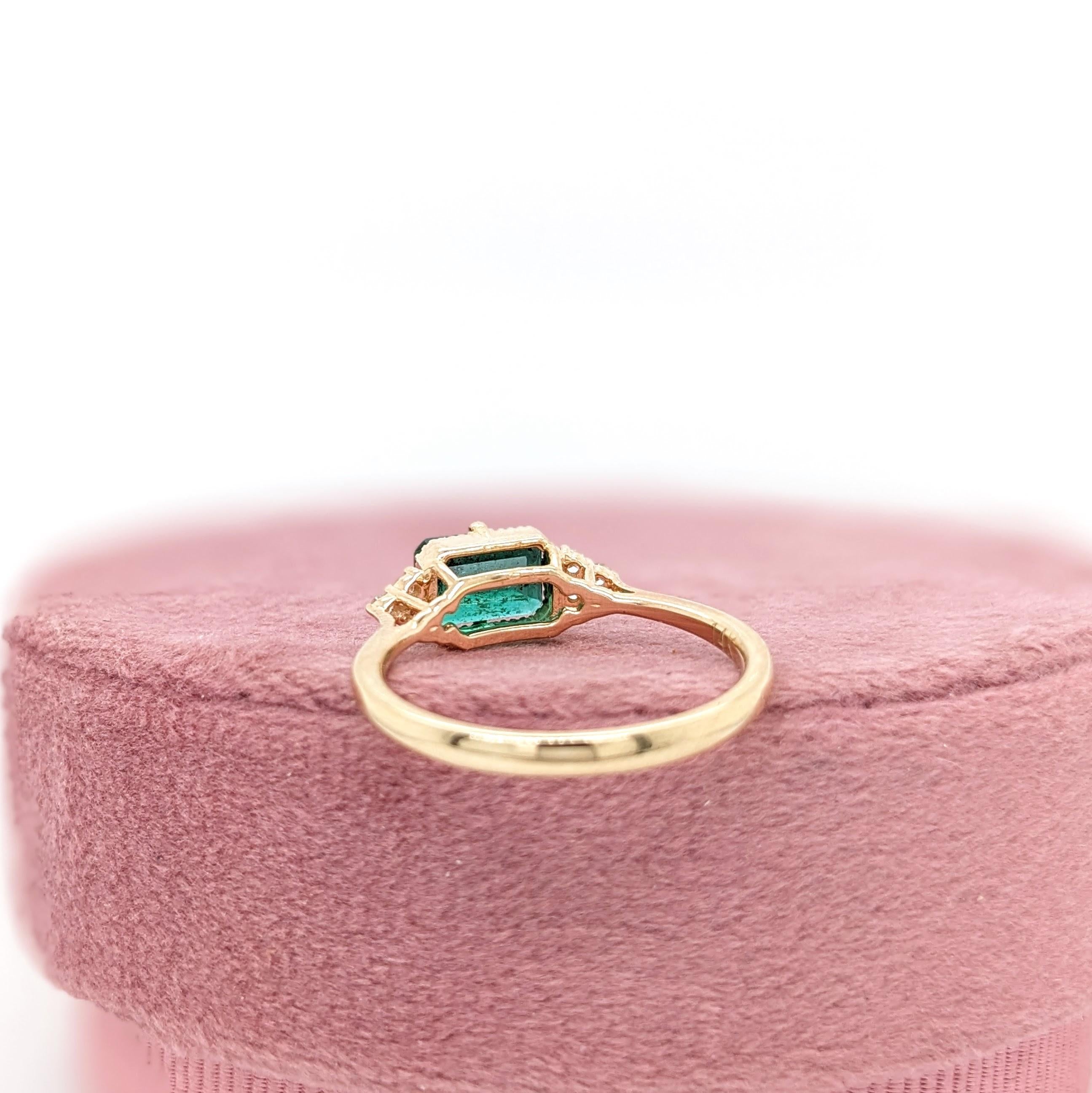 East West Emerald Ring w Earth Mined Diamonds in Solid 14K Gold | EM 7x5mm