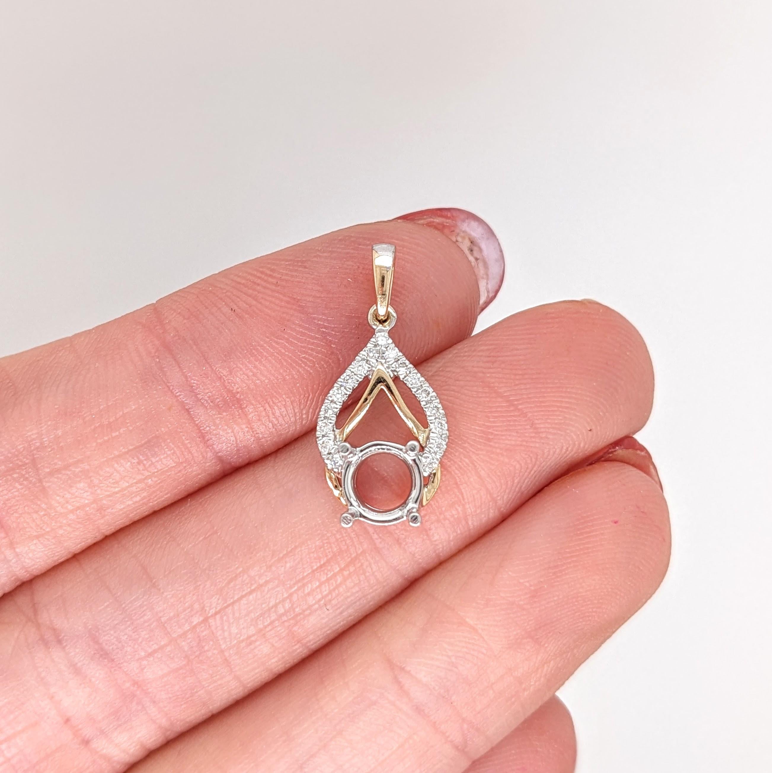 Pendant Semi Mount w Earth Mined Diamonds in Solid 14K Gold | Round 6mm