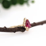 2.1cts Red Ruby Ring w Earth Mined Diamonds in Solid 14k Yellow Gold | Pear 9x7mm | July Birthstone