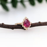 2.1cts Red Ruby Ring w Earth Mined Diamonds in Solid 14k Yellow Gold | Pear 9x7mm | July Birthstone