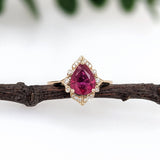 2.1cts Red Ruby Ring w Earth Mined Diamonds in Solid 14k Yellow Gold | Pear 9x7mm | July Birthstone