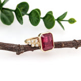 5.5ct Red Ruby Ring w Earth Mined Diamonds in Solid 14K Gold | Emerald Cut 10x8mm