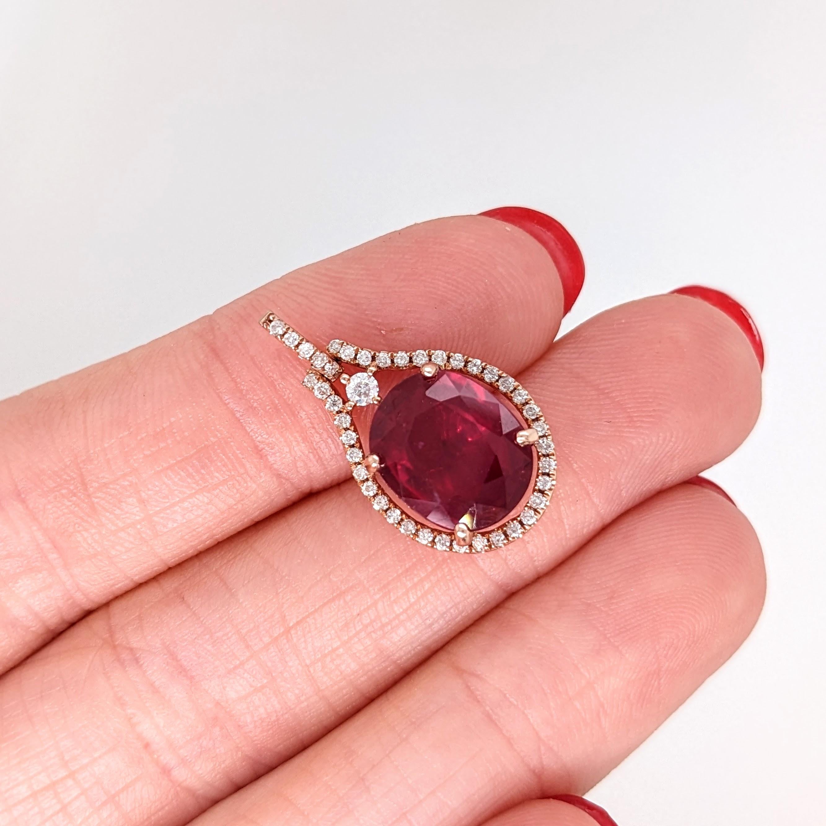 5.2ct Red Ruby Pendant w Earth Mined Diamonds in Solid 14K Rose Gold | Oval 11x9mm