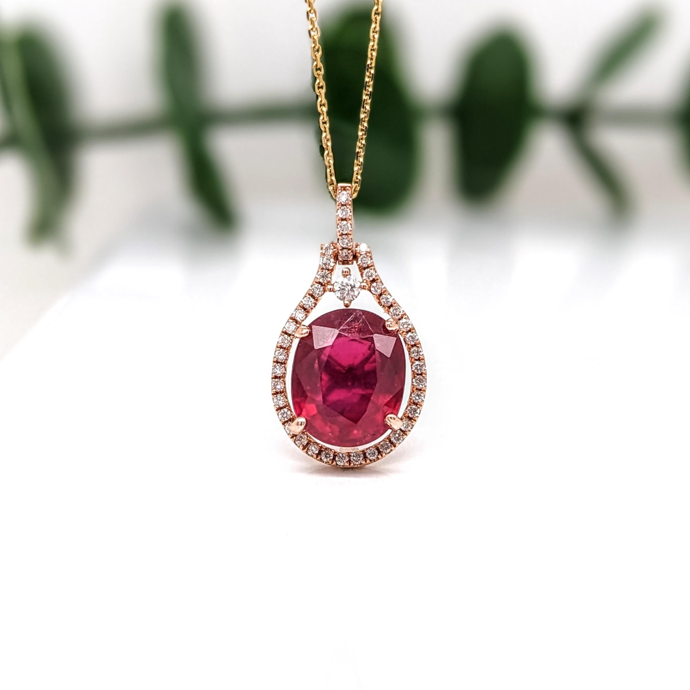 5.2ct Red Ruby Pendant w Earth Mined Diamonds in Solid 14K Rose Gold | Oval 11x9mm