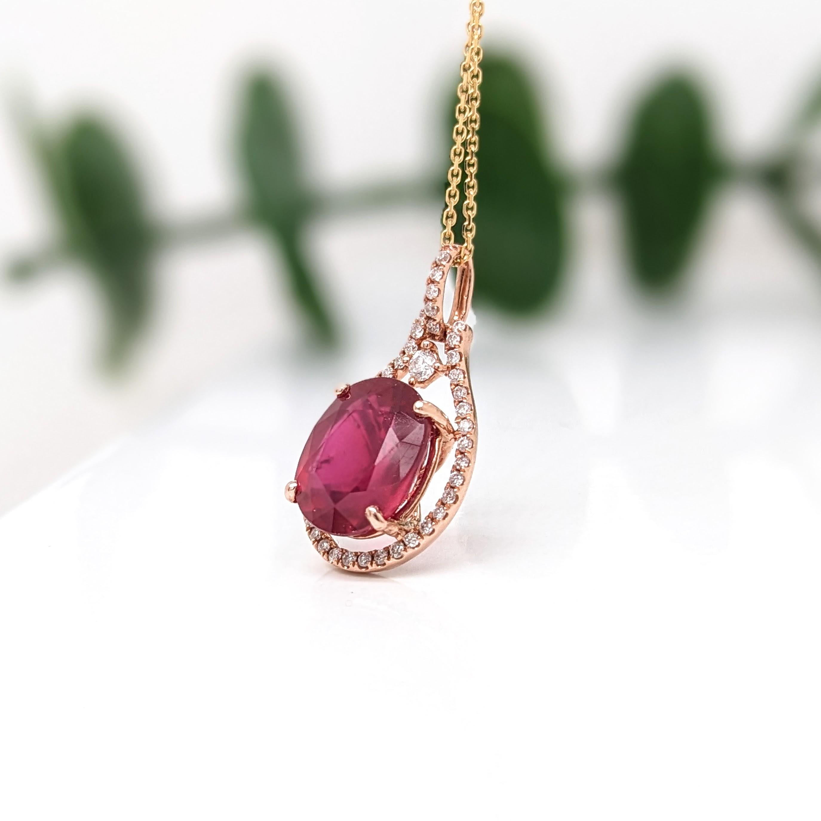 5.2ct Red Ruby Pendant w Earth Mined Diamonds in Solid 14K Rose Gold | Oval 11x9mm