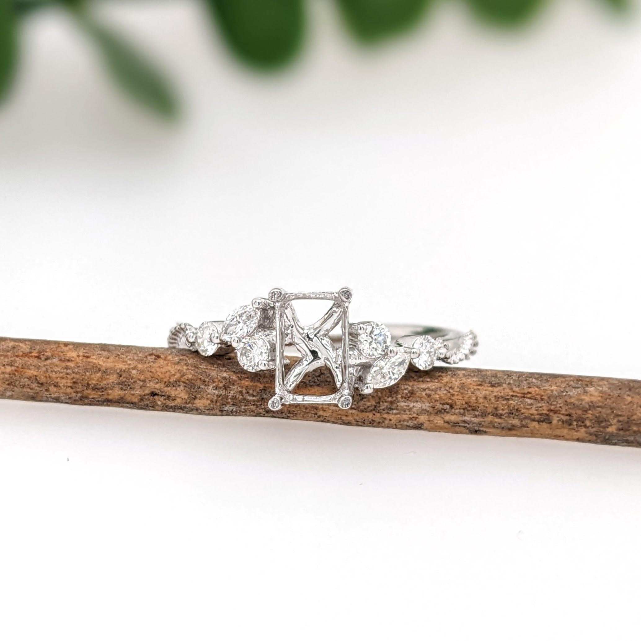 Ring Semi Mount w Earth Mined Diamonds in Solid 14K Gold | Emerald cut 7x4.5mm