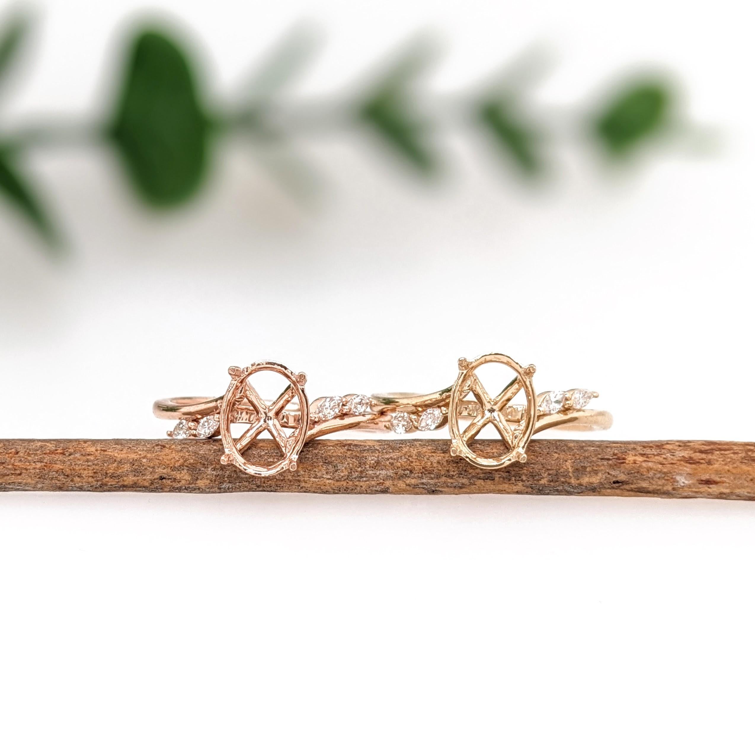 Ring Semi Mount w Earth Mined Diamonds in Solid 14K Gold | Oval 9x7mm