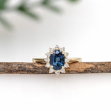 Blue Sapphire Ring w Earth Mined Diamonds in Solid 14K Yellow Gold | Oval 7x5mm
