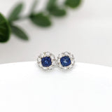 Blue Sapphire Stud Earrings w Earth Mined Diamonds in Solid 14K Gold | Round 4mm