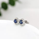 Blue Sapphire Stud Earrings w Earth Mined Diamonds in Solid 14K Gold | Round 4mm