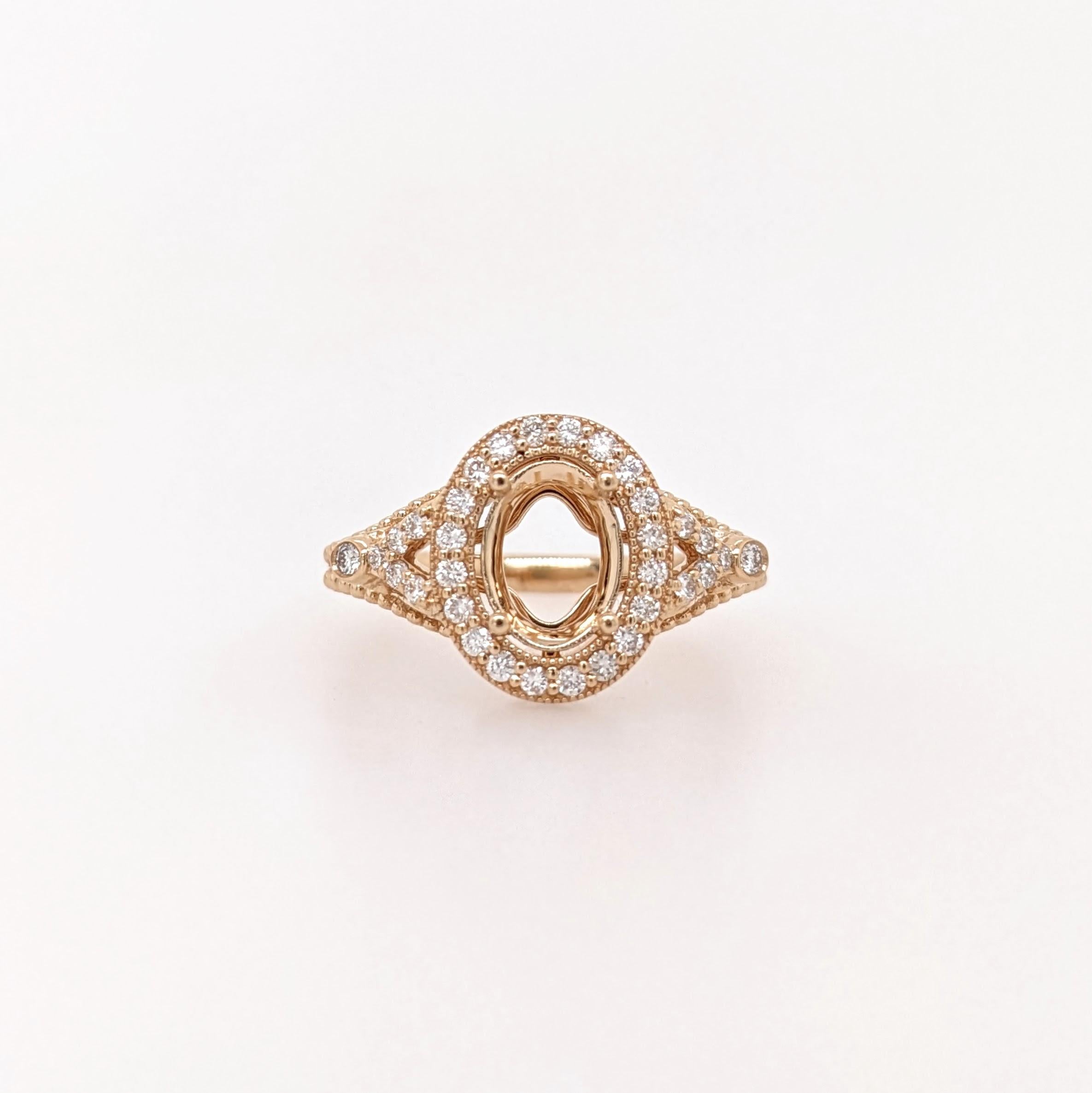 Ring Semi Mount w Earth Mined Diamonds in Solid 14K Gold | Oval 8x6mm