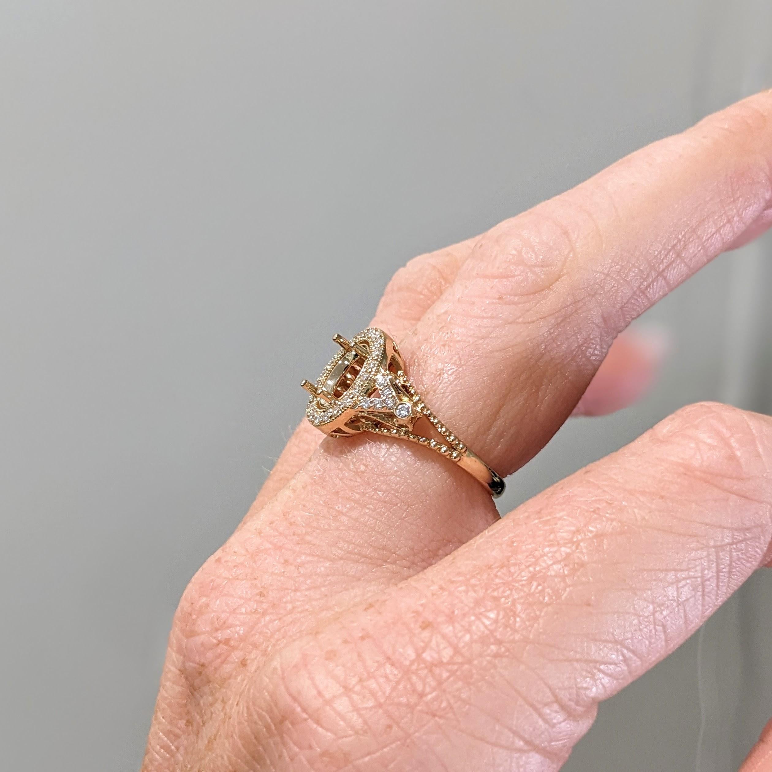 Ring Semi Mount w Earth Mined Diamonds in Solid 14K Gold | Oval 8x6mm