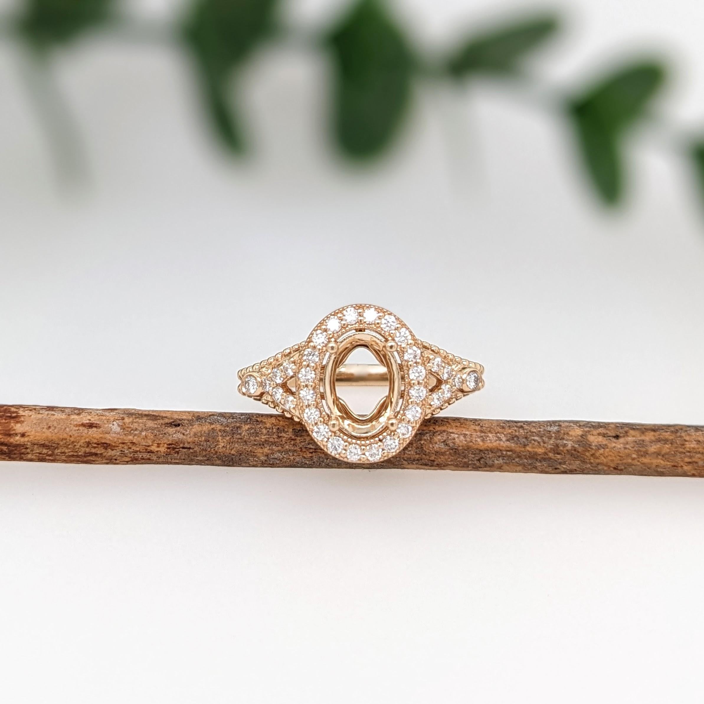 Ring Semi Mount w Earth Mined Diamonds in Solid 14K Gold | Oval 8x6mm