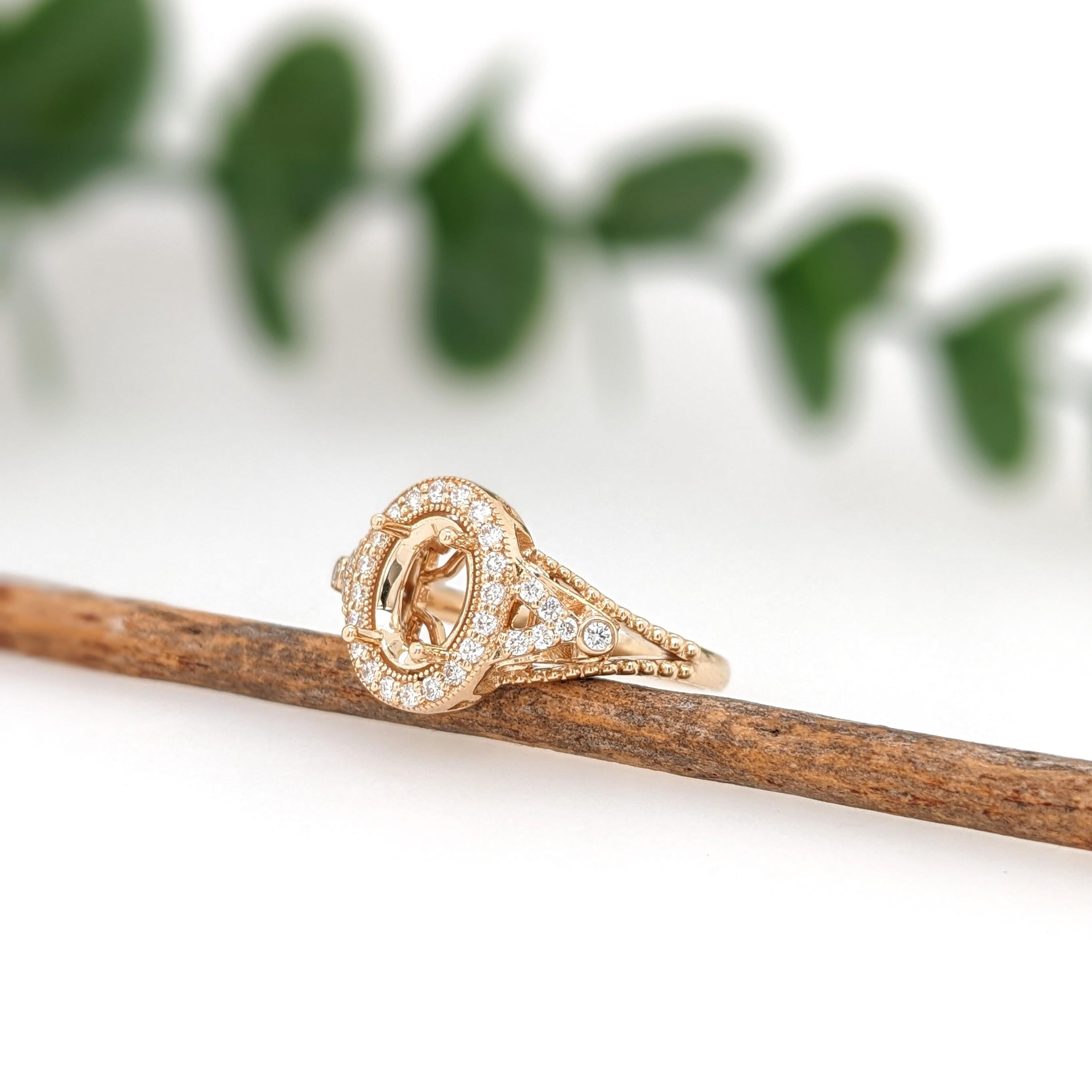 Ring Semi Mount w Earth Mined Diamonds in Solid 14K Gold | Oval 8x6mm