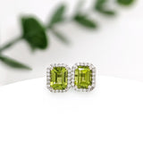 Peridot Stud Earrings w Natural Diamond Halo in Solid 14K Gold | EM 7.5x5.5mm