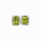 Peridot Stud Earrings w Natural Diamond Halo in Solid 14K Gold | EM 7.5x5.5mm | Customizable