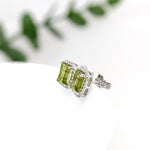 Peridot Stud Earrings w Natural Diamond Halo in Solid 14K Gold | EM 7.5x5.5mm